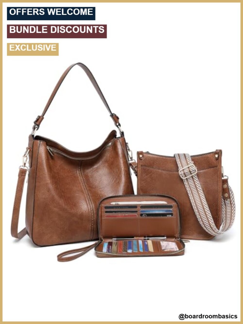 3PCS Vegan Leather Crossbody Bag Set with Wallet Adjustable Guitar Strap Hobo